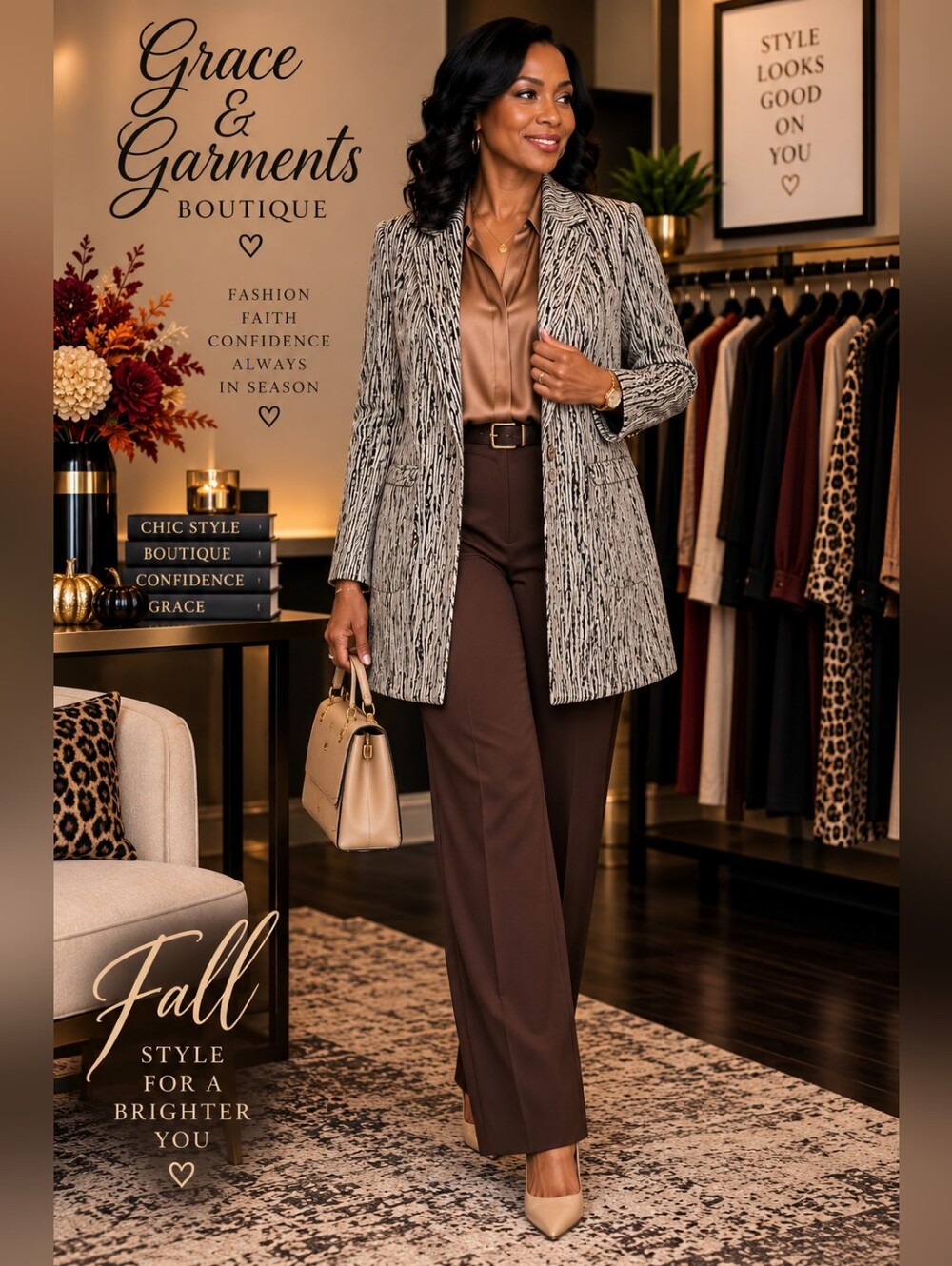 Chic Textured Longline Blazer – Neutral Abstract Print